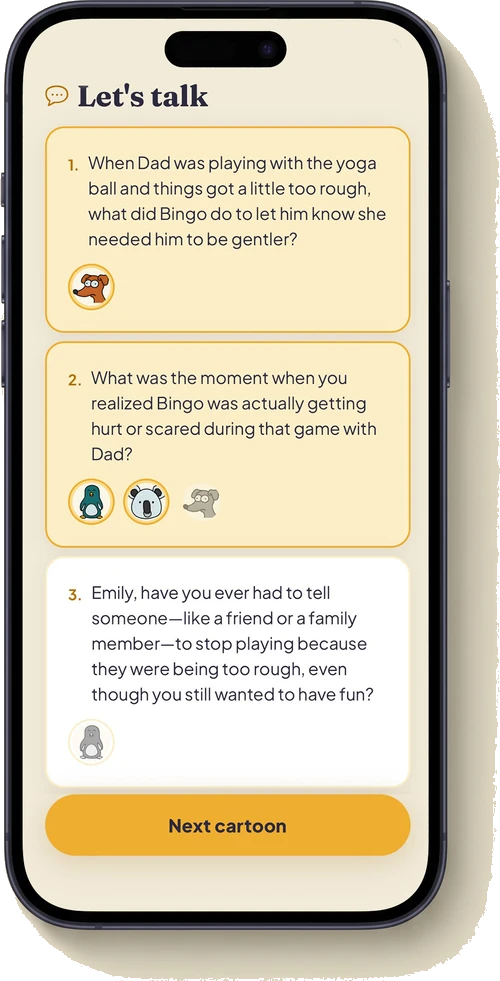 LONIO question screen — three age-tailored questions with avatars showing who they're for